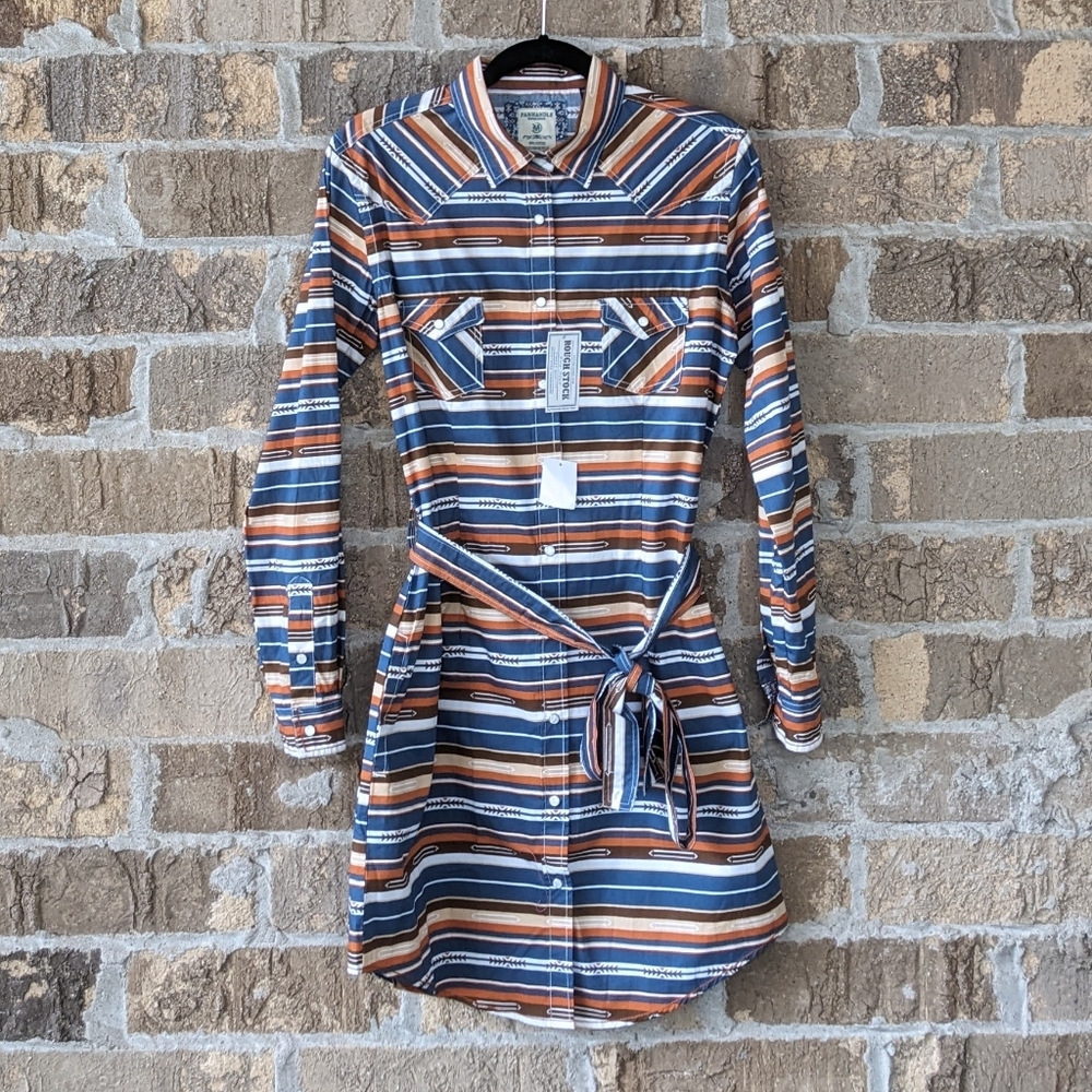 Panhandle Slim Striped Button-Front Long Sleeve Dress in Blue and Brown